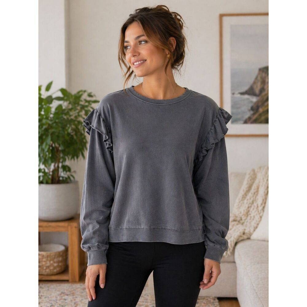 Old Navy Gray Ruffle Shoulder Sweatshirt Women XL Cropped Pullover Long Sleeve U